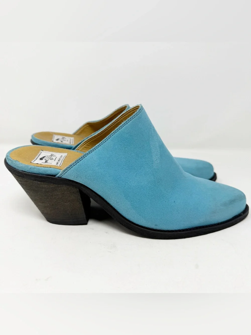 Good Guys Dont Wear Leather Lola Blue Vegan Suede Mules Pointed Toe Heels 42